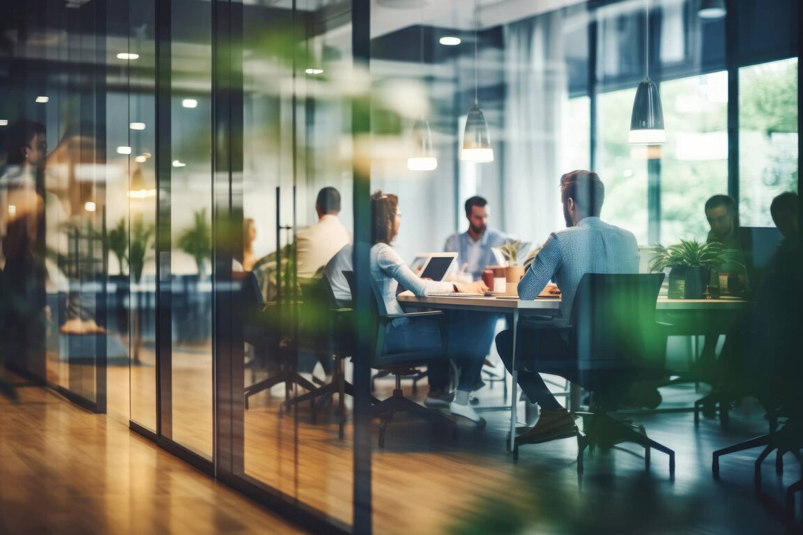 Team meeting in a modern glass office